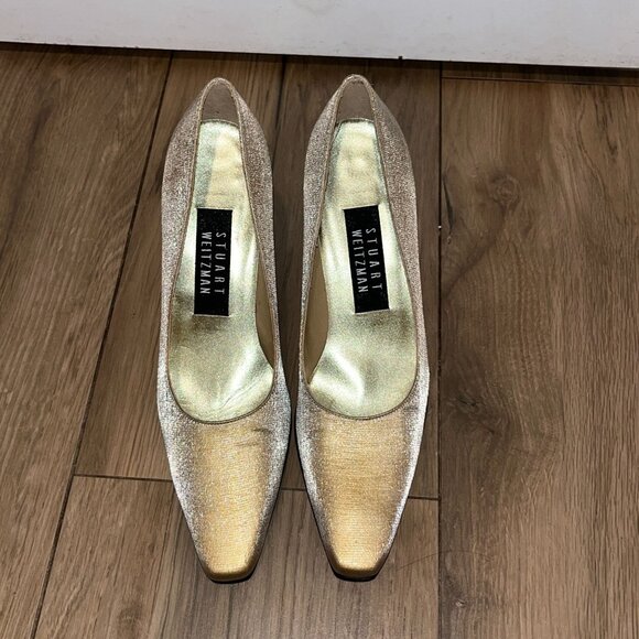 Stuart Weitzman Womans Size 6 Gold Satin Square Toe Pumps High Heel Shoes - Picture 2 of 9